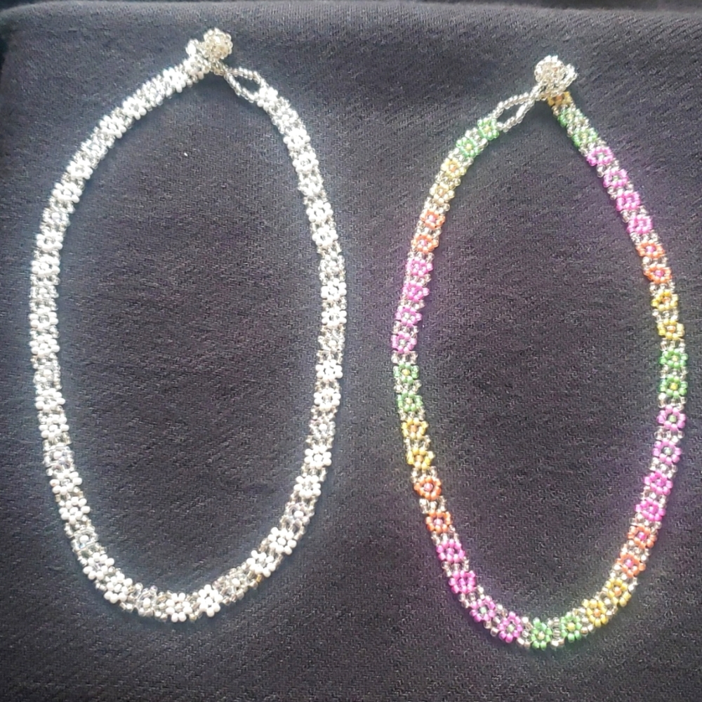 Lot of 2 handmade woven seed bead flower chokers.